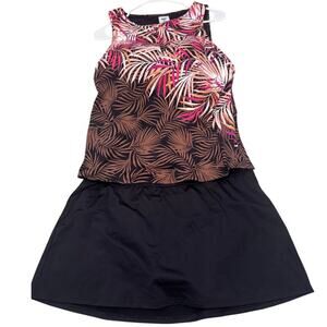 Lands' End Black Brown Pink Palm High Neck 2 Piece Tankini Skirt Swimsuit 14P
